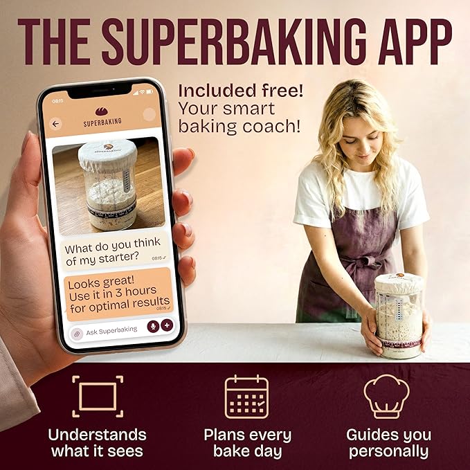 Superbaking Sourdough Starter Jar, Beginner Sourdough Starter Kit, 34oz Wide Mouth Sour Dough Glass Jar with Guides & Recipes, Sourdough Bread Baking Supplies, Sourdough Container Crock