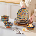vancasso 12 Pieces Dinnerware Sets, Dark Green Plates and Bowls Set, Porcelain Dishes Set for 4, Microwave and Dishwasher Safe, Scratch Resistant, Bohemian Style Dining Ware Service for 4, Series SIMI