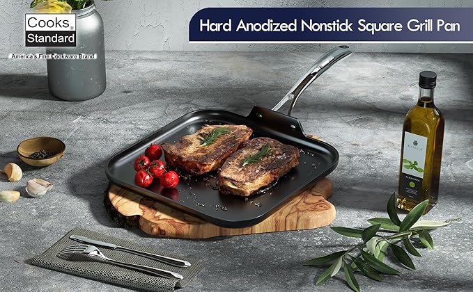 Cooks Standard Nonstick Square Griddle Pan 11 x 11-Inch, Hard Anodized Cookware Griddle Pan, Black