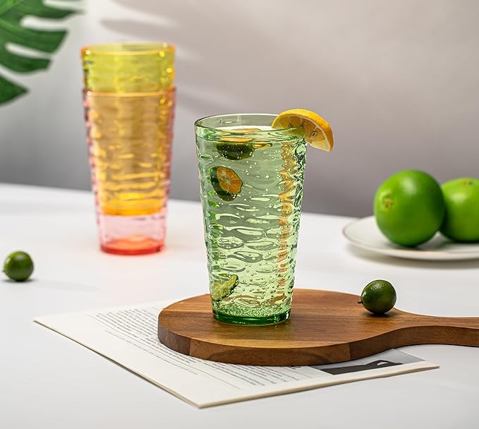 14-ounce Plastic Tumblers, Acrylic Drinking Glasses, set of 6 Green Reusable Plastic Cups, Stackable, BPA-Free, Shatter-Proof, Dishwasher-Safe