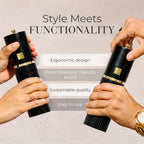 Wooden Salt and Pepper Grinder Set – Refillable Manual Salt and Pepper Mills with Adjustable Ceramic Burrs, Gold Detailing, and Wood Stand – Black