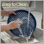 Bakken Pizza Baking Pan - Round Perforated Carbon Steel Pan with Non-Stick Marble Coating, Oversized Silicone Handle, Dishwasher Safe, High-Temperature Resistant, Durable & Easy Cleanup - Blue, 1 Tray