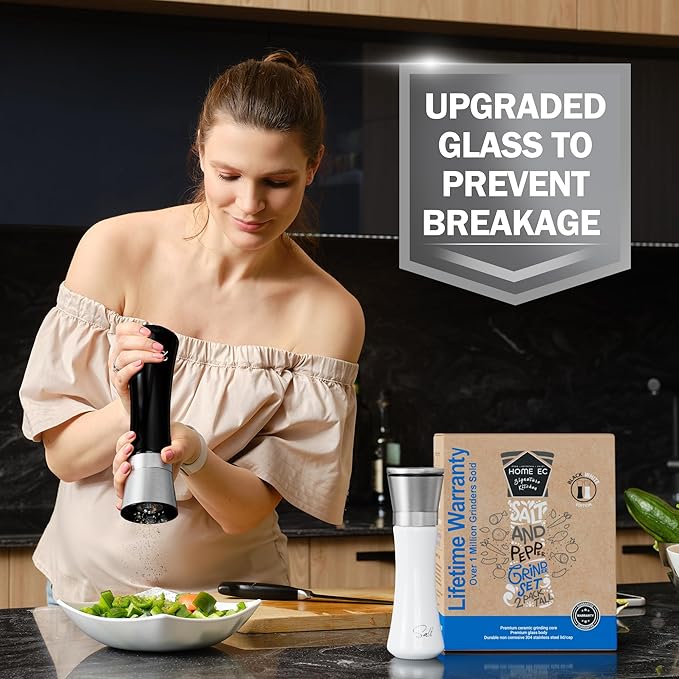 HOME EC Stainless Steel Salt and Pepper Grinder Set of 2 - Adjustable Ceramic Sea Salt Grinder & Pepper Grinder - Glass Salt and Pepper Shakers - Pepper Mill & Salt Mill W/Funnel - Black and White