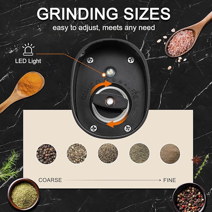 Electric Salt and Pepper Grinder Set Rechargeable for USB, Automatic Adjustable Gravity Pepper Mill, Spice Grinder Refillable in Kitchen, salt and pepper shakers set, 80ml Capacity, 2-Piece Black