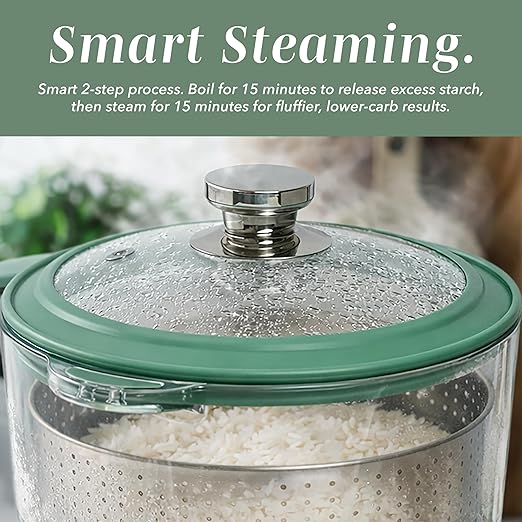 COOK WITH COLOR 3L Glass Mini Low Carb Rice Cooker – Holds 2 Cups Raw/Makes 6 Cups Cooked with Auto Lift Filter Basket, Hotpot & Steamer for Rice, Grains, Digital Panel with Keep Warm, Dark Sage
