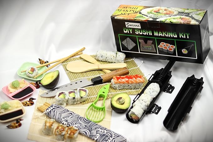 Complete Sushi Making Kit, 21 Pieces, Black Bazooka Roller with Natural Bamboo Mats, Knife, Chopsticks, Dipping Dishes, Rice Tools, DIY Home Sushi Rolling Set
