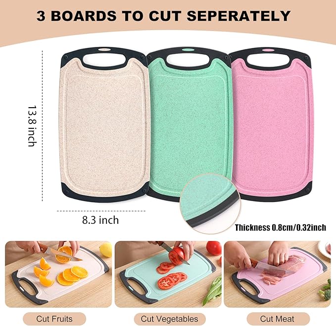 Kitchen Cutting Board Set 3 Piece Wheat Straw Plastic Cutting Boards for Kitchen with Juice Grooves Easy Grip Handle Bpa Free Non Porous Non Slip Dishwasher Safe Chopping Board (Beige + Green + Pink)
