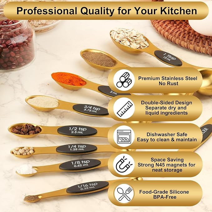 Gold Magnetic Measuring Spoons Set Stainless Steel with Leveler, Dual-Sided Stackable Metal Measuring Spoons for Baking & Cooking, Fits in Spice Jars, Heavy Duty Kitchen Gadgets, 8 Spoons & 1 Leveler