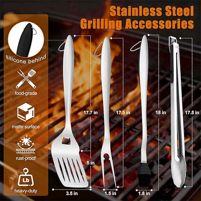 Grilling Accessories, HaSteeL 18in BBQ Grill Accessories Set of 4, Stainless Steel Grilling Tools for Outdoor Barbecue Camping, Heavy Duty Grill Spatula, Tong, Fork, Basting Brush, Gifts for Men