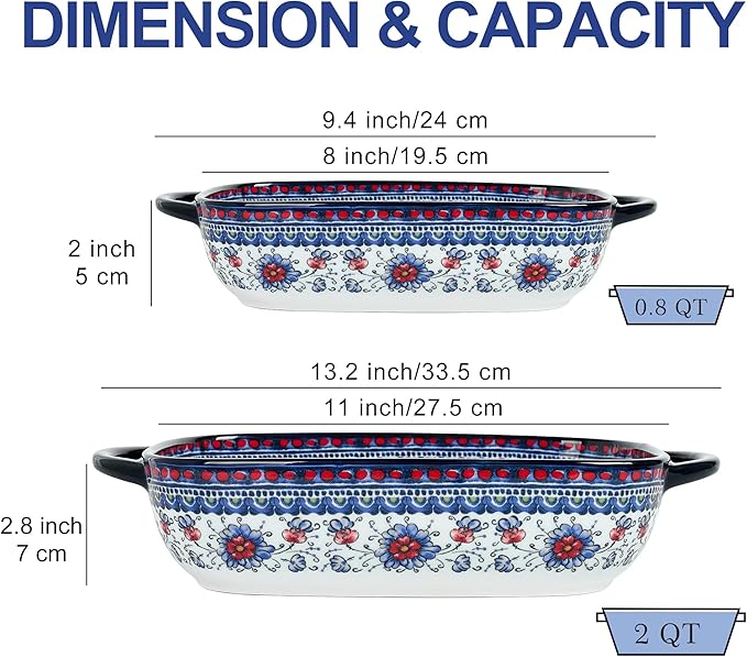 Ceramic Casserole Dishes for Oven, Hand-painted Polish Pottery Baking Dish Set of 2, 0.8QT / 2QT Porcelain Casserole Dishes with Handles, Baking Pan Lasagna Pan, Gift for Family/Friend (Blue)