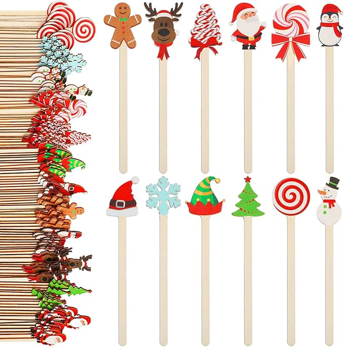 Jinei 120 Pcs Christmas Wooden Coffee Stirrers Wood Cocktail Coffee Stir Sticks Disposable Drink Stirrers for Stirring Hot Chocolate Milkshake Restaurant Home Office(Novel Style)
