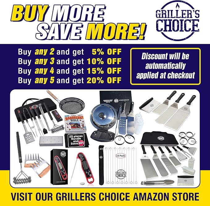Grillers Choice -Grill Accessories for Outdoor Grill-4 pc -Grilling Tools. Commercial Professional Barbecue Set. Heavy Duty and Strong. BBQ Thongs, Fork, Spatula, Baster by Grillers Choice