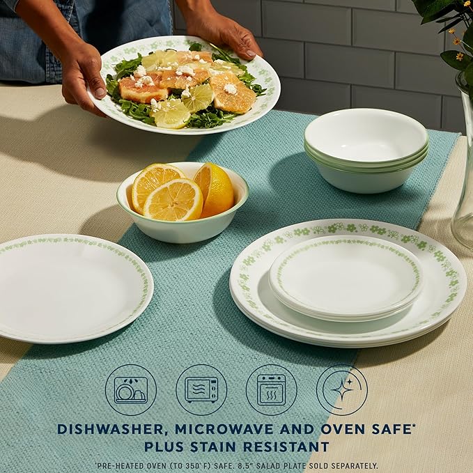 Corelle Vitrelle 18 Piece Glass Dinnerware Sets Service for 6, Triple Layer Chip & Crack Resistant Glass Plate and Bowl Sets, Spring Blossom Green