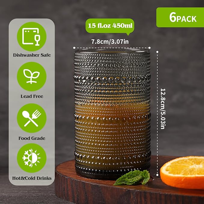 Moretoes Vintage Hobnail Drinking Glasses Set of 6, 15oz Highball Glass Cups, Kitchen Drinkware Glassware,Embossed Water Tumbler,for Beer,Cocktail,Whiskey,Juice and Various Mixed Drinks(Gray)