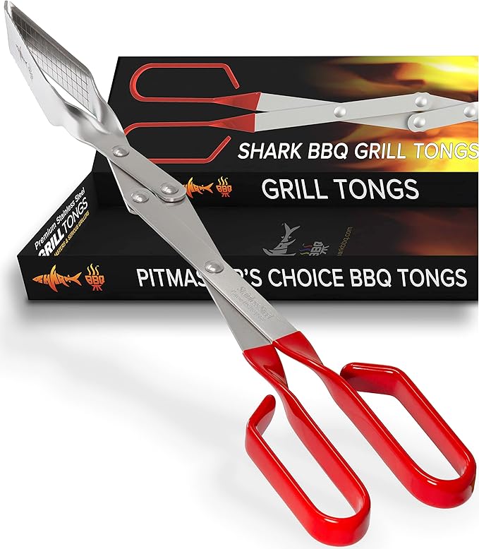 Shark BBQ Steak Grill Tongs - 17 inch Red. Professional outdoor grilling utensil. Long reach Barbeque Grilling Tongs. Ideal for steak, fish, burger, and sausage
