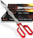 Shark BBQ Steak Grill Tongs - 17 inch Red. Professional outdoor grilling utensil. Long reach Barbeque Grilling Tongs. Ideal for steak, fish, burger, and sausage