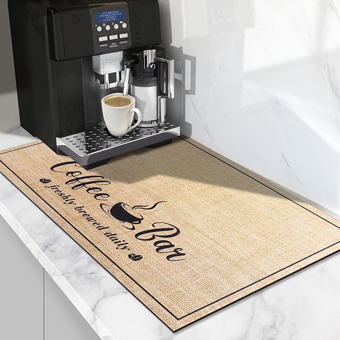 CooRug Absorbent Coffee Mat, Fashion Dish Drying Mat for Kitchen Counter Coffee Bar Accessories Espresso Machine Dish Rack 12" x 20" Beige