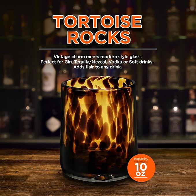 IMPULSE! Tortoise Leopard Print Brown 10 oz. Rocks Glasses, Set of 4 - Stylish Stemless Cocktail Cups Glass - Ideal Glassware Tumbler for Gin, Tequila, Vodka, Soft Drinks - 3.15 × 3.15 × 4.3 in