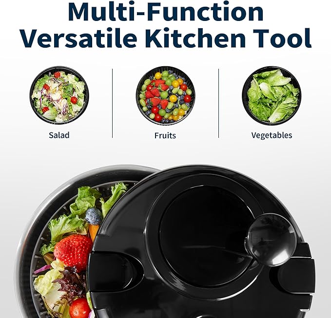 Stainless Steel Salad Spinner, 4.8 Qt Vegetable Washer, BPA-Free Lettuce Dryer with Crank Design, Dishwasher Safe, Non-Slip Base - Black Lid