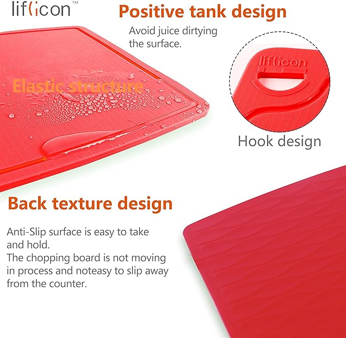Liflicon Thick Silicone Cutting Boards for Kitchen Silicone Chopping Boards/Mats Set of 2 Extra Large14.6''x10.43'', Mini 9.1”x7.1” Non-slip Deep Drip Juice Groove, Dishwasher Safe-Red