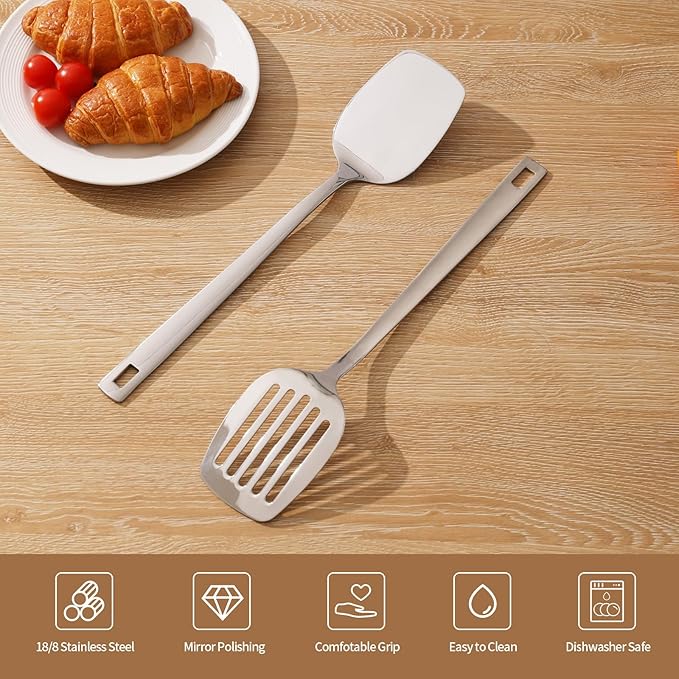 Stainless Steel Spatulas Set, 2 Pcs Metal Spatula Wok Turner, Silver Slotted Turner, Solid Turner, Wok Spatula Kitchen Cooking Tools for Sauteing, Flipping, Grilling (Dishwasher Safe)