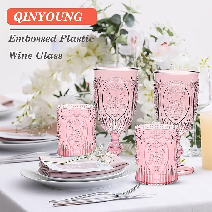 Qinyoung 12 Plastic Vintage Drinking Glasses 8.5oz Stemless Retro Embossed Wine Glasses Shatterproof Reusable Cups for Baby Shower Wedding Reception Grand Event Party (Pink)