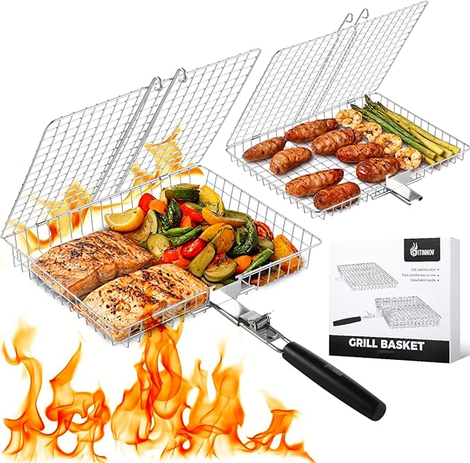 Nesting Grill Baskets, 2pcs Grilling Baskets for Outdoor with Removable Handle, Stainless Steel BBQ Camping Cooking Accessories Tools for Fish, Vegetable, Shrimp - Gifts for Men Dad Husband