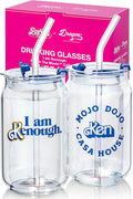 Dragon Glassware x Barbie The Movie - 16 oz Glass Cups with Lids and Straws, Set of 2 - Iced Coffee Cups with Lids - Versatile Glass Tumbler with Straw and Lid - I'm Just Ken