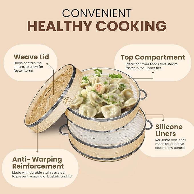 UPGRADED Bamboo Steamer Basket 10-Inch 2-Tier with handle|1x Stainless Steel Ring|2x Chopsticks|50x Perforated Liners|1x Sauce bowl| Easy to clean|Dumpling Steamer Baskets for Cooking Rice & Vegetable (Full Set [10-Inch] with Dumpling Tools)