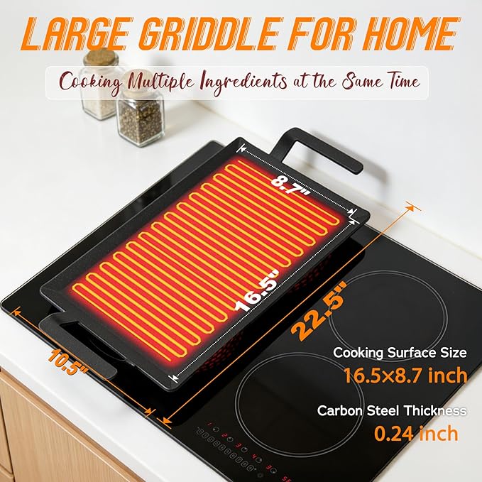 Premium Carbon Steel Griddle Comes with Grill Press, Large Non-Toxic Stovetop Flat Top Pan for Gas, Electric Range, Induction, Grill & Campfire, Pre-seasoned Nitride Coating, Oven Safe to 1200°F