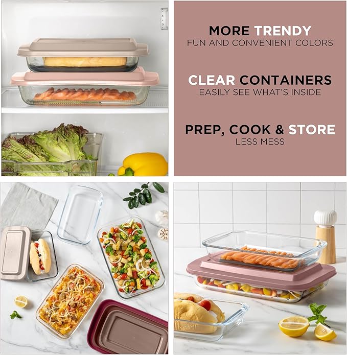 COOK WITH COLOR 8-Piece Deep Glass Baking Dish Set with Plastic Lids – Casserole and Food Storage Containers for Lasagna, Leftovers – Freezer-to-Oven, Microwave & Dishwasher Safe, Rose