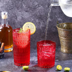 Loivttvv Glassware Drinking Glasses Set of 8, 14 oz Highball Glasses & 10 oz Ribbed Glass Cups, Vintage Glassware for Water, Juice, Cocktail (Christmas Red)