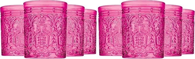 Godinger Old Fashioned Whiskey Glasses, Drinking Glasses, Vintage Decor, Glass Cups, Water Glasses, Cocktail Glasses - Jax Collection, 12oz, Hot Pink, Set of 4 (Pack of 2)