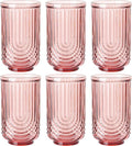 JOVGANK Pink Vintage Glassware Set of 6-17Oz Pink Water Drinking Glass, Art Deco Ripple Highball Glass, Whiskey Cocktail Glasses, for Bar Ice Coffee Juice, Housewarming Gifts and Mother's Day Gift