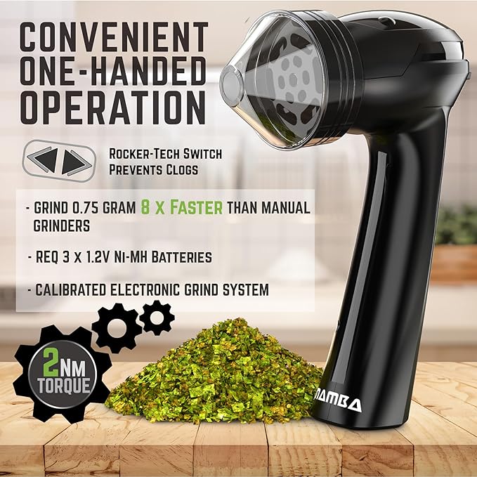 Mamba Lite Electric Herb Grinder, USB Rechargeable Herb & Spice Grinder for Dried Herbs, One-Hand Automatic Kitchen Herb Mill, Portable Spice Grinder with Cleaning Tools, 0.75 g Capacity, Black
