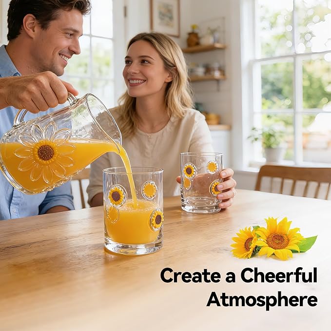 2 Pcs Handmade Sunflower Icon Juice Glass Cup, Durable Heat-Resistant Glass, 14 oz Double Old Fashioned Drinking Glass Cup for Holiday Party Supplies Spring Gifts