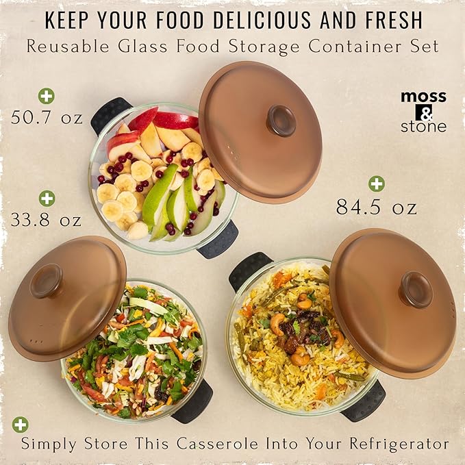 Moss & Stone 6-Piece Borosilicate Glass Casserole Set with Durable Plastic Lids – 2.6/1.5/1 Qt Oven & Microwave Safe Glass Baking Dishes for Cooking, Serving & Kitchen Storage
