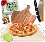Pizza Stone for Oven and Grill Set - 5PCS Pizza Making Accessories Kit - 15 inch Pizza Stone with Handles, Pizza Peel, Pizza Cutter, Dough Tool - Baking Stone for Bread - Large Rectangular Oven Stones