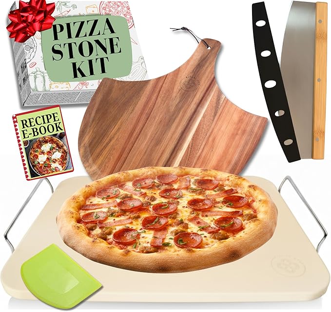 Pizza Stone for Oven and Grill Set - 5PCS Pizza Making Accessories Kit - 15 inch Pizza Stone with Handles, Pizza Peel, Pizza Cutter, Dough Tool - Baking Stone for Bread - Large Rectangular Oven Stones