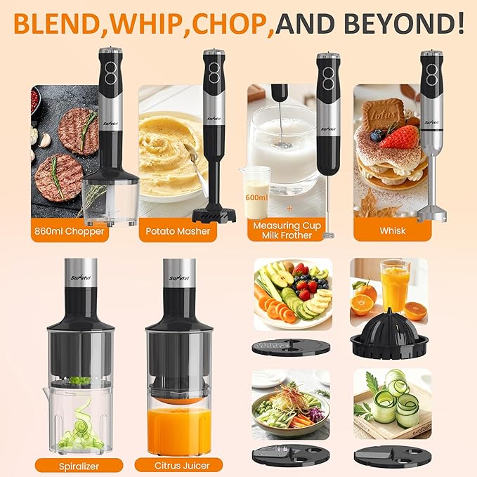 Sunvivi Cordless Hand Blender: 1000W 12-Speed Electric Stick Mixer with 10 Accessories, 600ML Chopper, Whisk, Milk Frother for Smoothie, Soup, Puree, Immersion Blender Set, Black