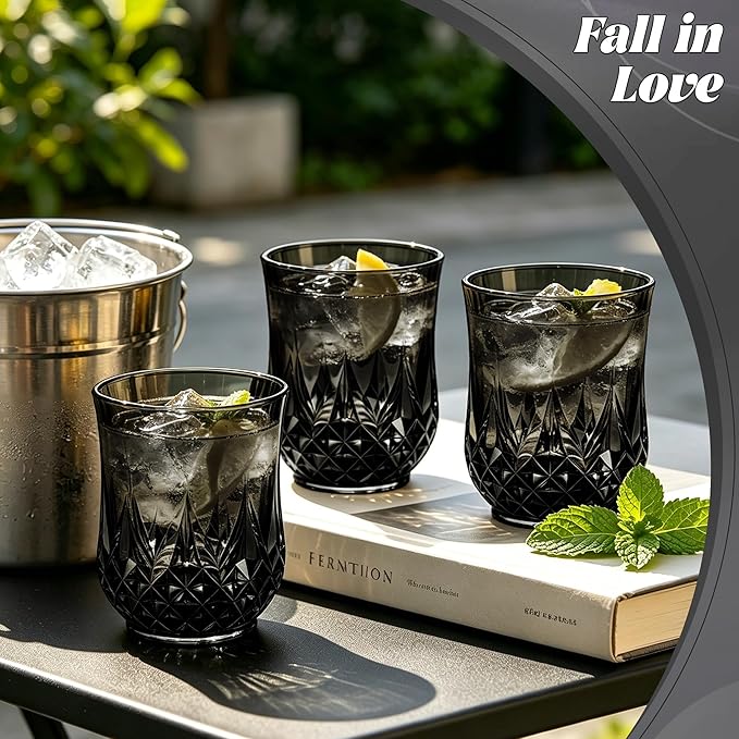 24 Pack Plastic Stemless Wine Glasses,12oz Unbreakable Vintage Elegant Drinking Glass Set,Reusable Fancy Cocktail Cups for Party, Wedding, and Bulk Events (24, 12oz-Black)