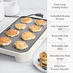 Martha Stewart 12” x 22” Electric Griddle, XL Ceramic Nonstick Flat Top Cooking Surface, Adjustable Temperature Dial, Drip Tray, Dishwasher Safe, 1500W Fast Even Heating, Pancakes & Eggs, Linen White