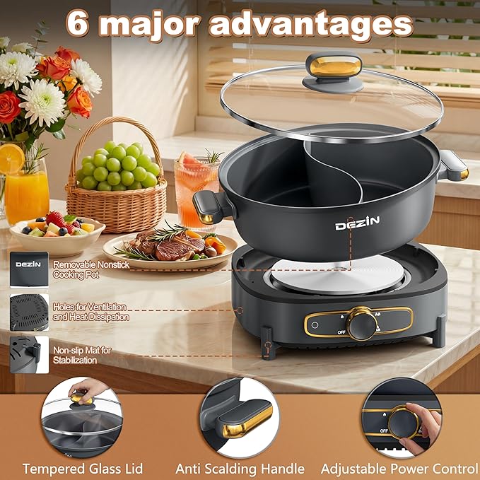 Dezin Hot Pot Electric with Divider, 6L Double-Flavor Shabu Shabu Pot, Dual Sided Removable Non-Stick Hotpot Pot Electric, 3" Depth Chinese Hot Pot with Multi-Power Control, 2 Silicone Ladles Included