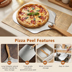 Pizza Peel Pizza Pan Set, 7Pcs Pizza Oven Accessories, 12 Inch Metal Paddle (12"x 14") with Foldable Wooden Handle, 2 Pizza Pans, Rocker Cutter, Pizza Server, Oven Mitts, Oil Brush