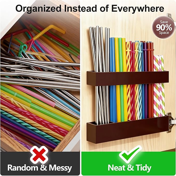 9.5” Large Acrylic Straw Holder for Cabinet Door, Reusable Adjustable Two-Part Straws Organizer with Ultra Sticky Adhesive Strips, 2026 Straw Storage for Kitchen Cupboard (Brown)