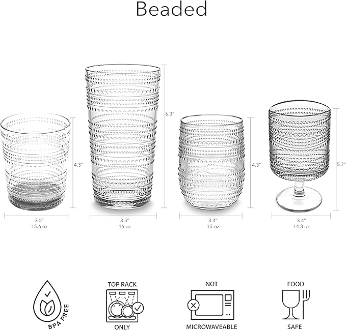 Beaded 15.6 oz Durable Acrylic Double Old Fashioned Drinking Glasses, Shatter-Resistant and Dishwasher-Safe Indoor/Outdoor - Sea Green - Set of 6