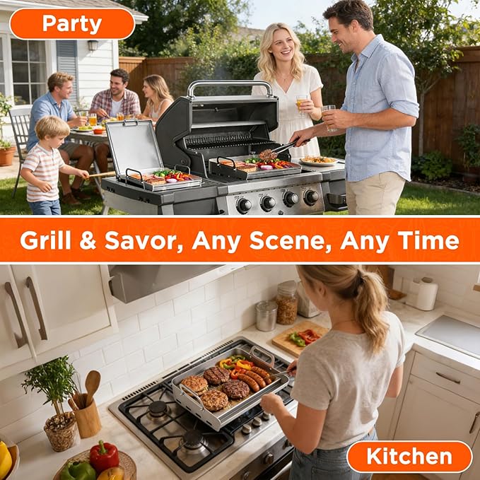 16" x 13" Stainless Steel Flat Top Griddle for Gas & Charcoal Grills, Universal Design for Outdoor & Home Cooking, with Grease Groove & Removable Handle, Ideal for Tailgating & Backyard Parties