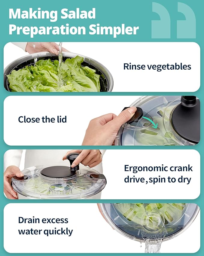 Stainless Steel Salad Spinner, 6.34Qt Large Lettuce Dryer, BPA-Free Vegetable & Fruit Washer with Drain, Easy Clean, Non-Slip Base, Transparent Lid