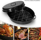 Large Roasting Pan with Lid and Rack 19"Granite Turkey Roaster Pan Set Enameled Steel Design Suitable for Turkey Versatile Cooking Barbecuing,Dishwasher Safe Cookware Holiday Gifts 1