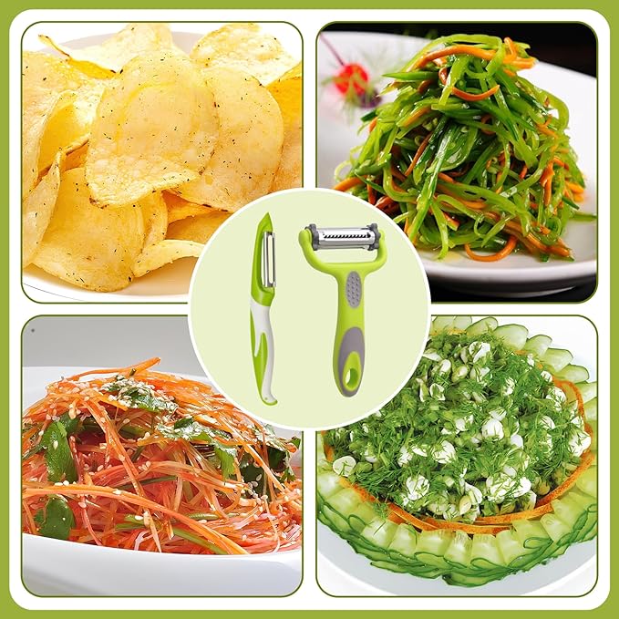 3 in 1 Vegetable Peelers for Kitchen – I & Y Peelers for Potatoes, Carrots, Apples, Cucumbers – Julienne, Slicer & Straight Blades – Sharp Stainless Steel, Non-Slip Handle